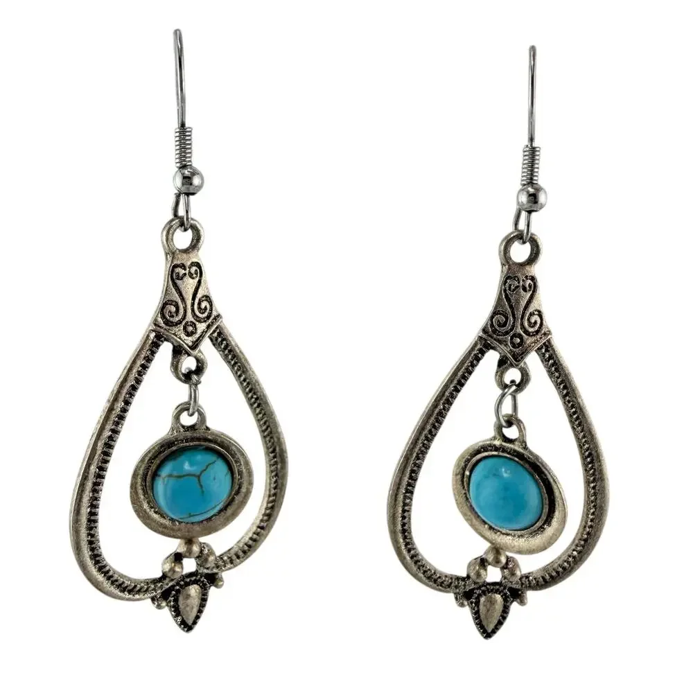 Sunnyouth Boho Southwest Style Faux Turquoise Teardrop Silver Tone 2.5